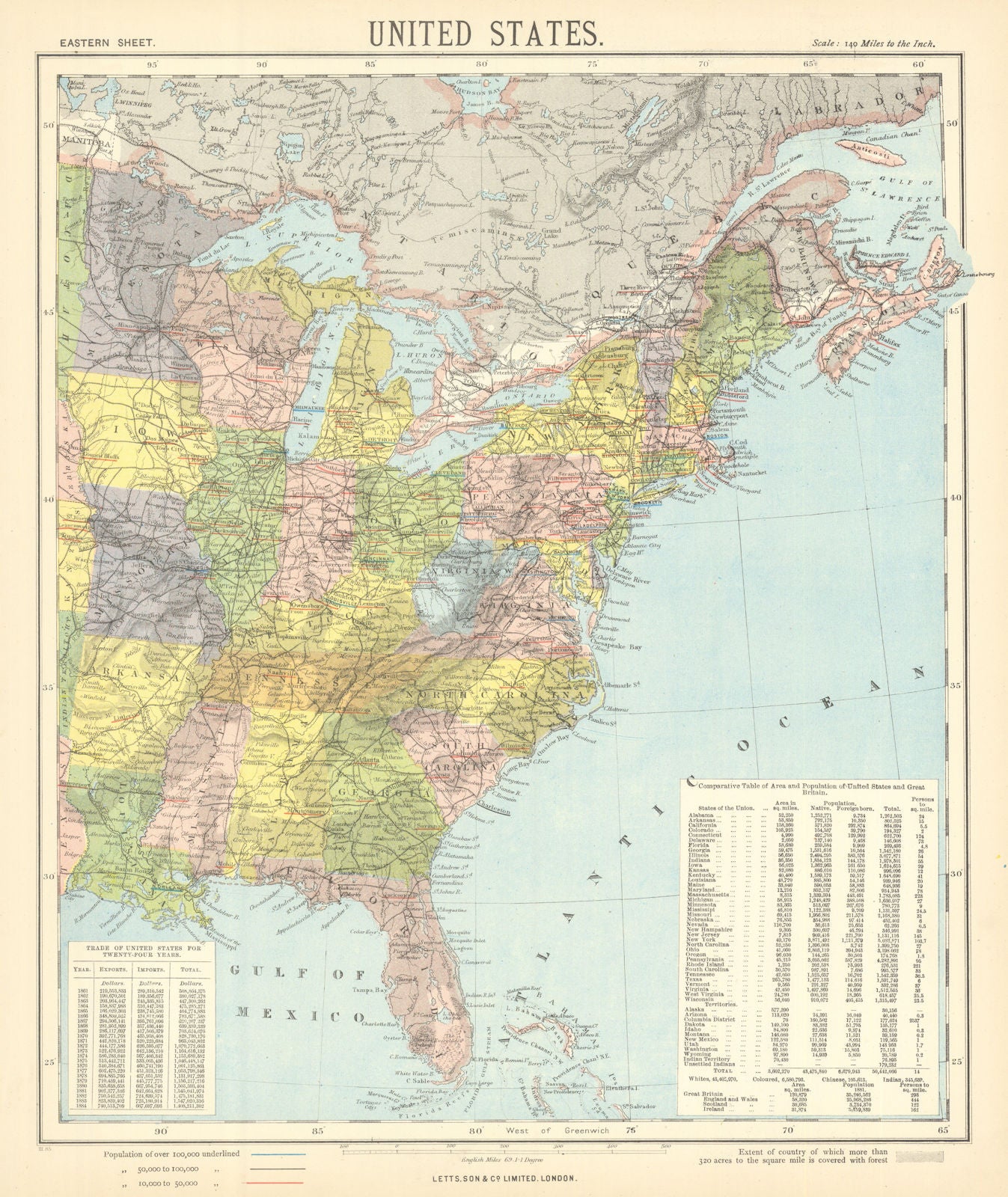 EASTERN UNITED STATES. Railroads. Population table.LETTS 1892 old antique map